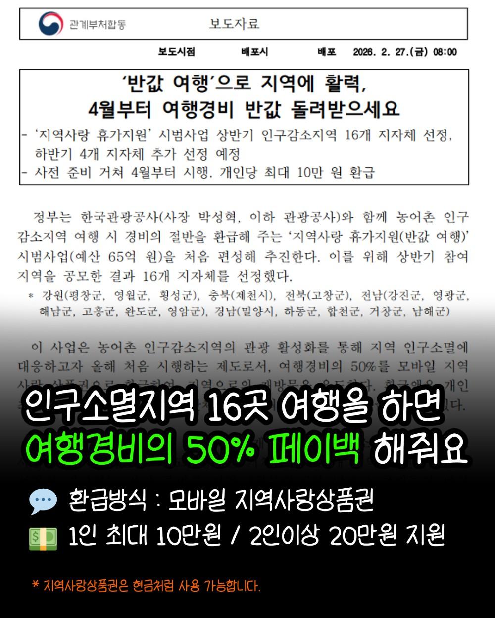 인구소멸지역 16곳 여행경비 50% 페이백