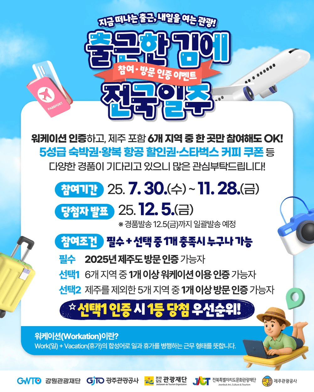 출근한 김에 전국일주 - 여행 or 워케이션 인증하고 항공권 받기! (제주 강원 전남 전북 울산 광주)