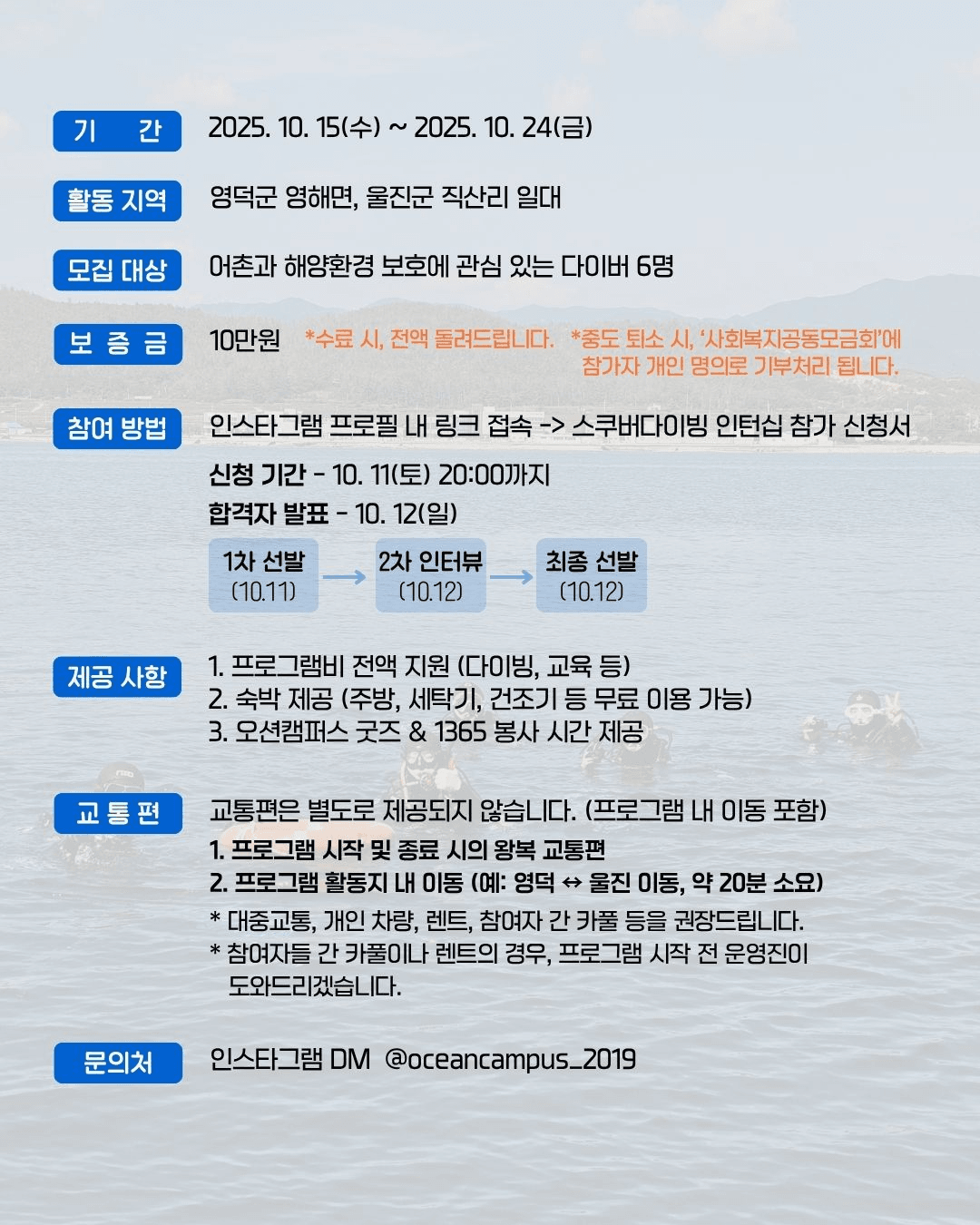 영덕, 울진 스쿠버다이빙 인턴십 참가자 모집