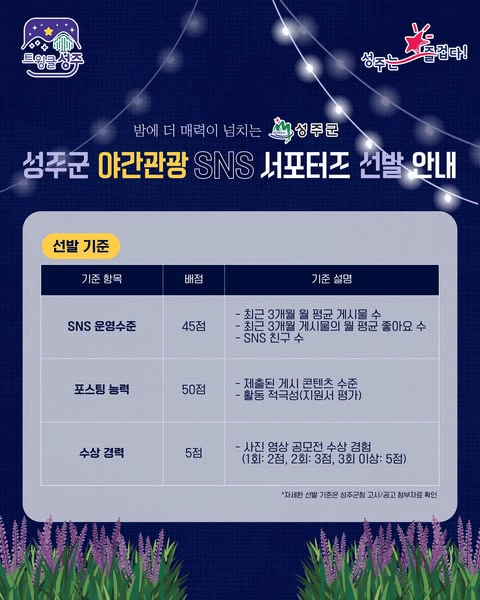 성주군 야간관광 SNS 홍보 서포터즈 1기 모집