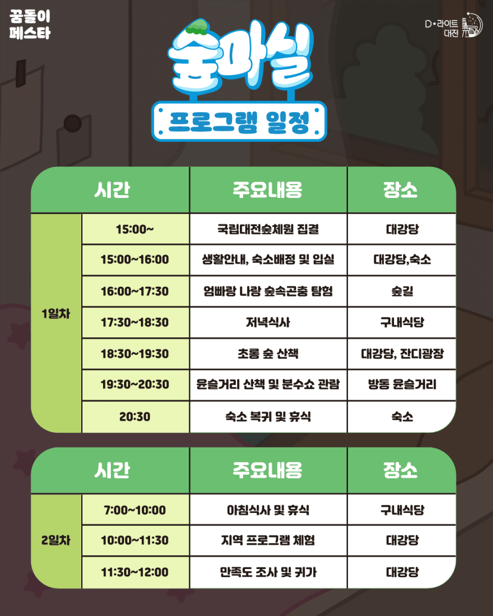 대전 별빛따라 걷는 숲마실 야간관광 1박2일 캠프 (선착순 - 조기 모집종료)