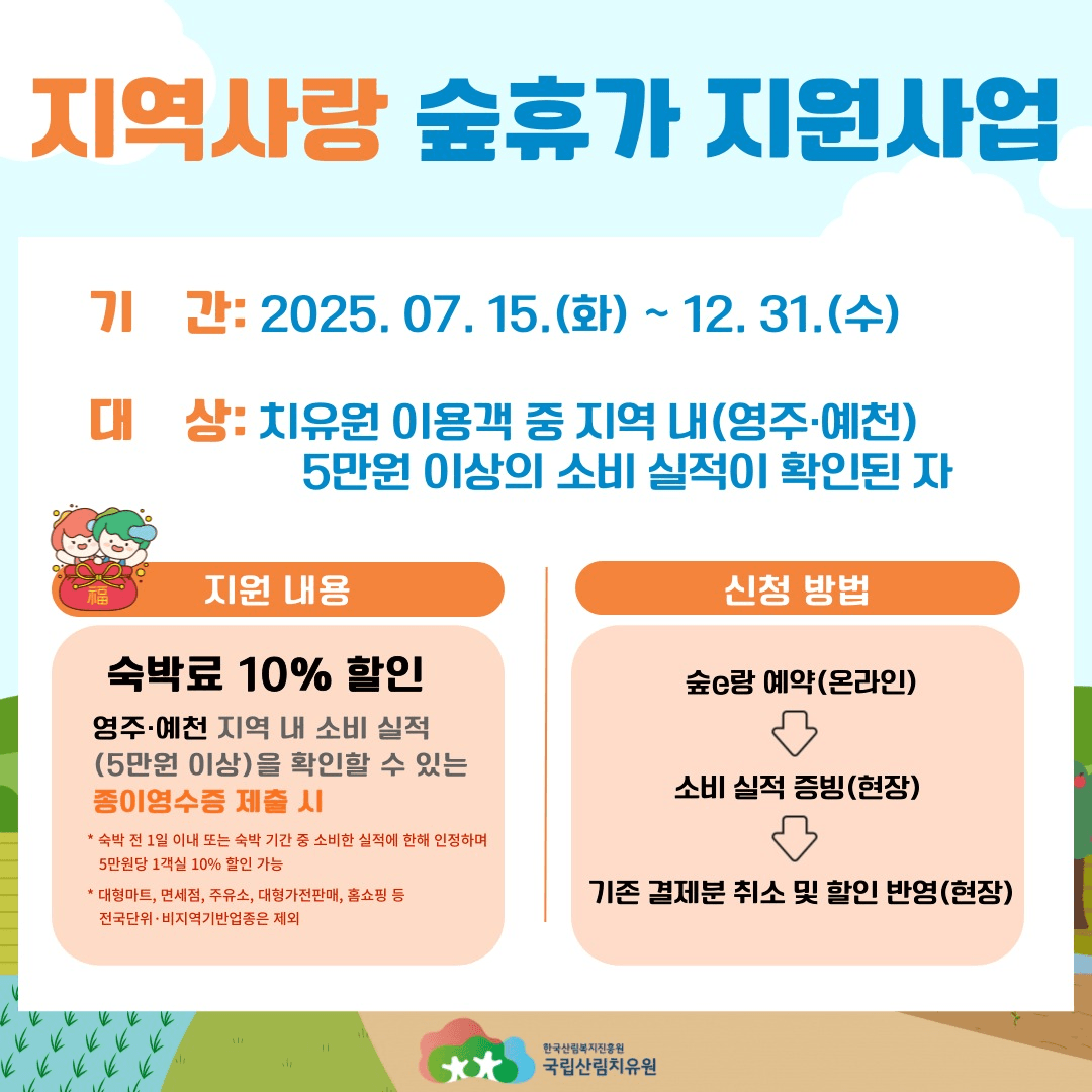 영주, 예천 지역사랑 숲휴가, 국립산림치유원 숙박료 할인 지원받기