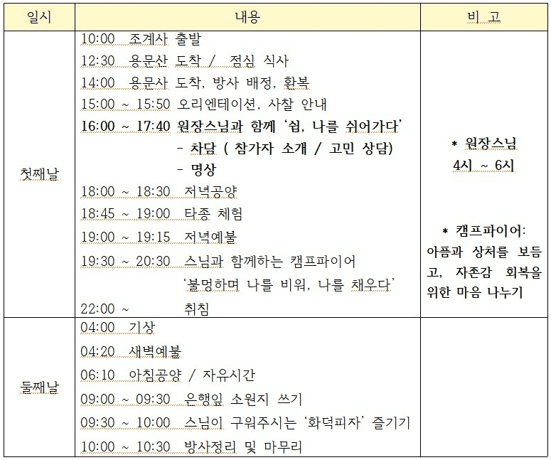 (선착순-조기 마감되었습니다) 쉼 나를 쉬어가다, 양평 용문사 템플스테이