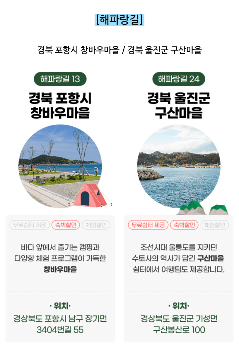 바다를 품은 코리아둘레길 어촌마을 - 숙박비, 체험비 30% 할인