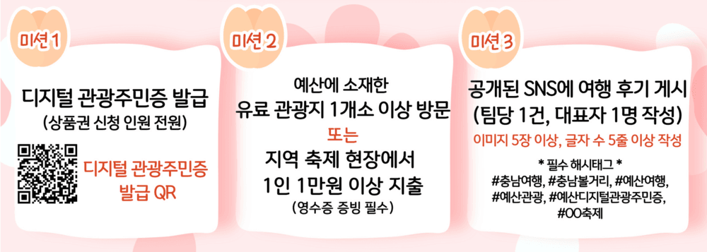 2024 예산 미션투어 : 해시태그 여행하고 농특산물 상품권 받기 (선착순, 팀당 최대 5만원)