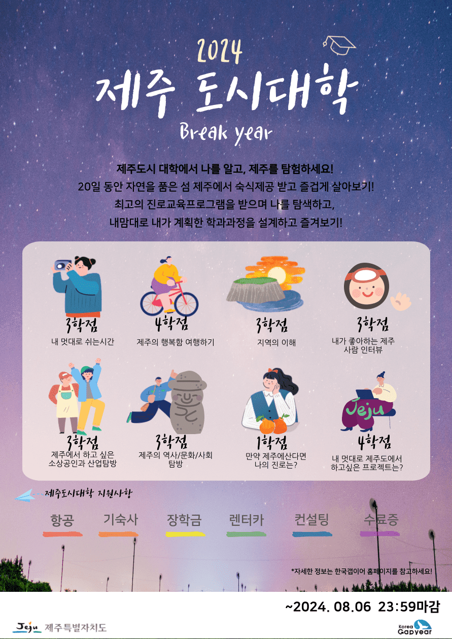 제주여행 항공권, 호텔, 장학금 지원받고 3주살기 - 2024 제주도시대학 Break year (갭이어)